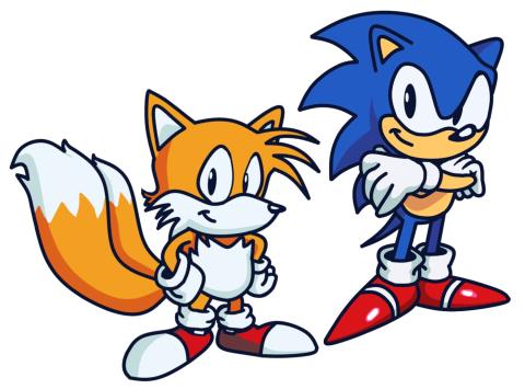 Sonic and Tails standing next to each other. Sonic has his arms crossed and Tails has his hands on his hips.