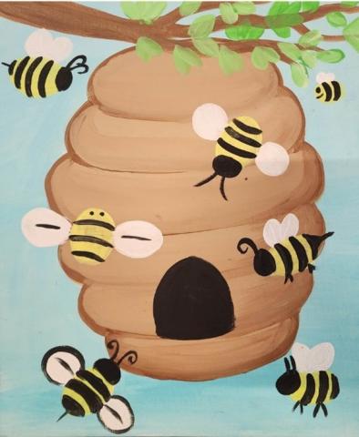 Beehive hanging from a tree with 7 bees buzzing around. Blue sky in the background. 