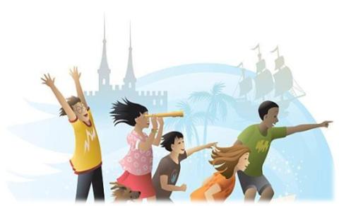 Group of 5 kids searching. A boy with brown hair and yellow t-shirt has his arms in the air. A girl in a pink flowered shirt and pink skirt is looking through a scope, two boys with black hair are pointing to the right and a girl with brown hair and orange shirt is crouching down. 