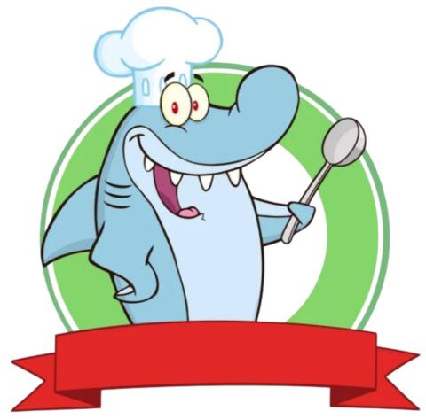 Gray shark holding a silver ladle with a white chef hat. Green circle behind him and a red banner below him. 