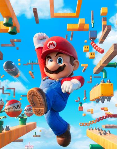 Super Mario with red hat and shirt and blue overalls stomping on one foot through the Super Mario world.