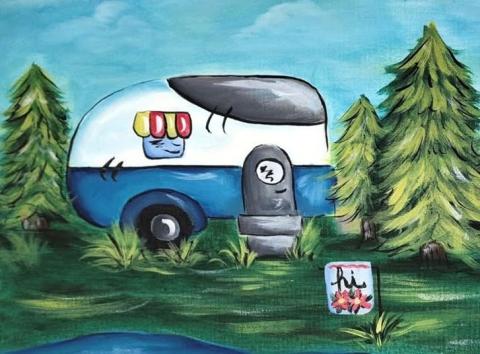 Blue and white pull behind camper in the forest with 3 tall pine trees and a little flag that say HI. 