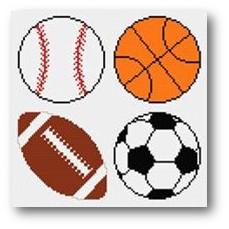 Cross stitched white and red stitching baseball, orange basketball, brown football, and white and black soccer ball.
