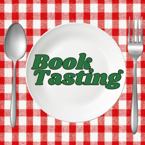 IMAGE OF A PLATE, SPOON, AND FORK OVER A PICNIC TABLE CLOTH. TEXT READS BOOK TASTING