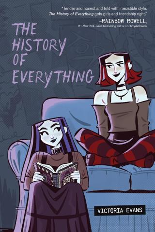 Illustration of two girls sitting in a living room. One is reading a book and the other is looking at her.