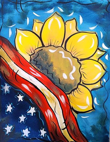 Painting of a sunflower and American flag.