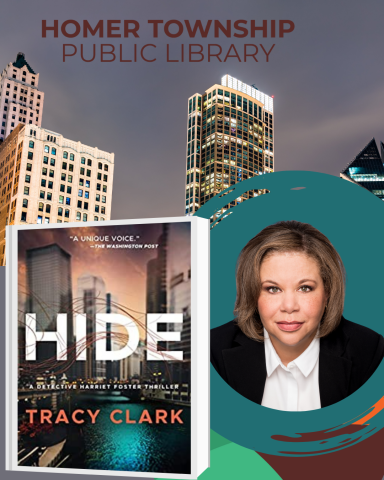 Picture of Chicago skyline, the book "Hide" and the author's photo (Tracy Clark).