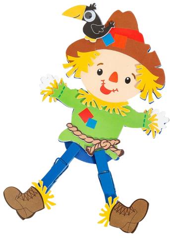 Scarecrow with a green patched shirt and blue clothespins for legs. Wearing brown boots and a brown hat with a crow on top. 