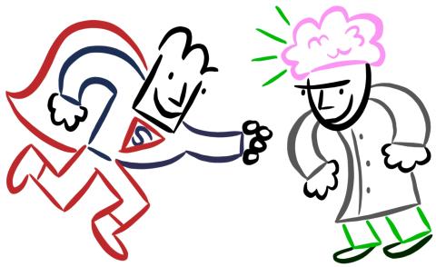 Pen drawings of a superhero dressed in red pants and cave going to grab a villain dressed in lab coat with pink brains.