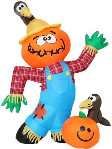 Scarecrow with a Jack o Lantern head and a straw hat with a crow's head. Jack o Lantern on the ground with a crow perched on top. 