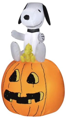 Snoopy and Woodstock sitting on top of a orange pumpkin jack o lantern. 