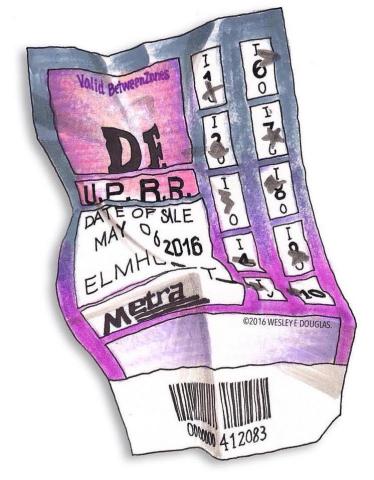 Illustration of a crumpled Metra train ticket.