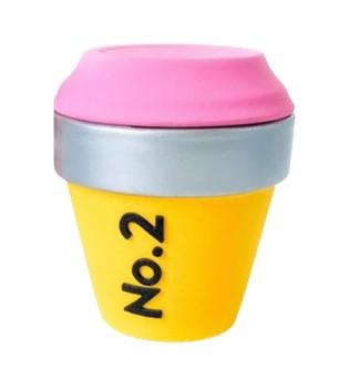 Clay pot painted to look like a yellow No. 2 pencil with the lid painted pink, the pot painted yellow and the rim silver. No.2 painted on side. 