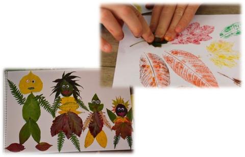 Leaf printing on note cards and people crafted from leaves