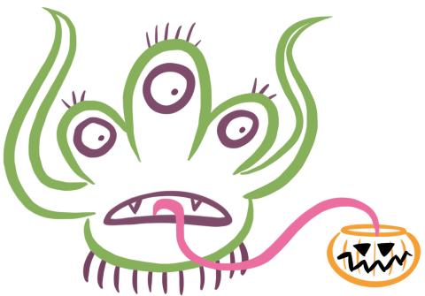 Green monster with 3 purple eyes and a long pink tongue going into a pumpkin bucket.