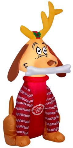 Inflatable Max the dog from Grinch wearing a red sweater with white stripes. Max is holding a bone in his mouth and a reindeer horn on his head. 