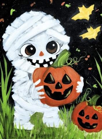 Mummy holding a Jack o Lantern pumpkin standing in the grass with a black sky and two yellow bats. 