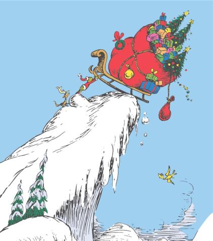 The Grinch holding up his sleigh filled with toys and decorations on top of a snow covered mountain with his dog Max. 