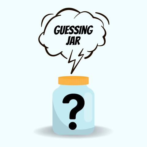 Image of a cartoon jar with a question mark on it. Text reads: Guessing Jar