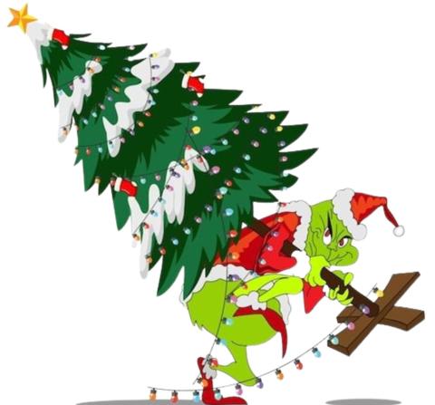 The green Grinch carrying a Christmas tree with a wooden cross tree stand.