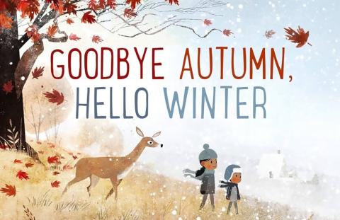 Fall scenery merges into winter scenery with a boy and a girl walking with a deer behind them. The boy and girl are wearing blue hats and scarves.  