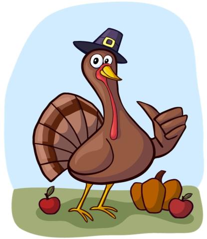 Turkey wearing a Pilgrim hat standing next to two apples and a pumpkin. 