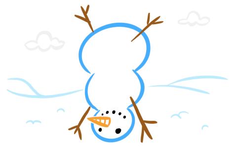 Snowman standing on his hands upside down in the snow. 