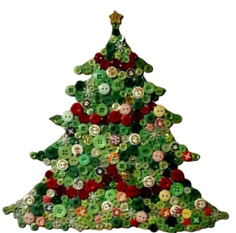 Christmas tree made out of green buttons with a red button garland and a yellow star button. 