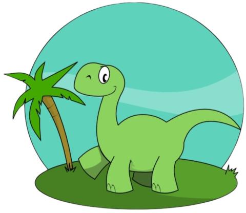 Green dinosaur by a palm tree with an oval of green grass and a circle of blue sky.
