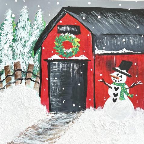 Painting of a red barn and a snowman.