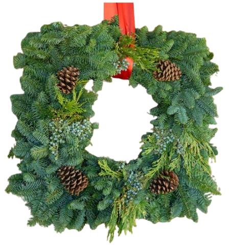 Square pine wreath with four pinecones on each side of the square. Wreath is hanging on a red ribbon. 
