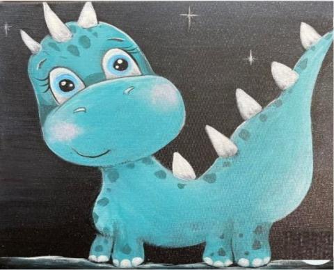 A rectangular painting of a blue dinosaur with white spikes on a black background.
