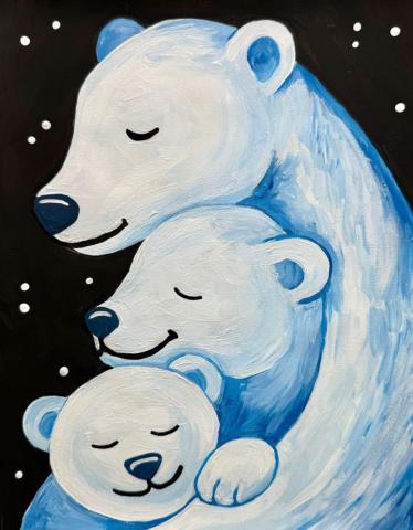 A rectangular painting of three polar bears cuddled together. The background is black with some white circles for snowflakes. The bears are white with shades of blue for details and shadowing.