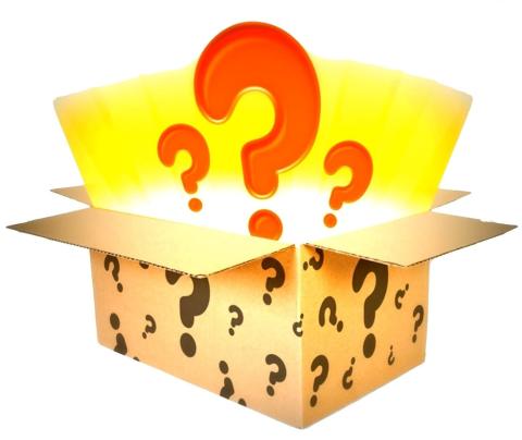 Brown box with black question marks all over. Three red question marks popping out of the box with a yellow glow coming out of the box.  