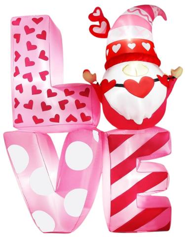 The word love in an inflatable. L is light pink with dark red hearts, O is pink and red gnome holding heart garland, V is light pink with white polka dots, and E is light pink with red stripes. 