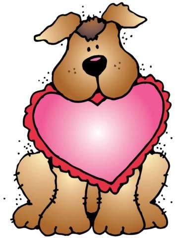 Brown dog holding in his mouth a pink heart with a red lace trim. 