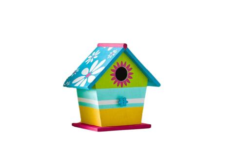 Wooden bird house painted in yellow and light blue and white stripes with a light blue roof with white daisies and a hot pink base. 