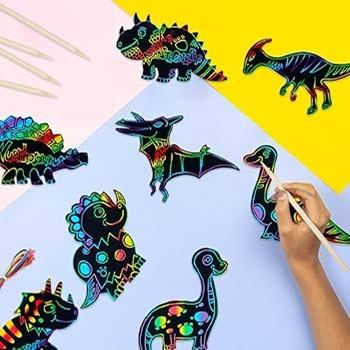 8 Black silhouette dinosaurs with different colors scratched out. Hand holding a wooden stick scratching off the black coating. Background of purple, yellow and pink.  