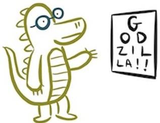 Green alligator with glasses pointing at a poster that spells GODZILLA!!