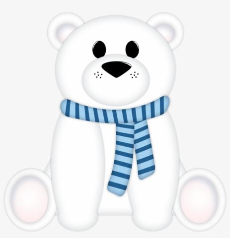 White polar bear sitting down wearing a light and dark blue scarf.