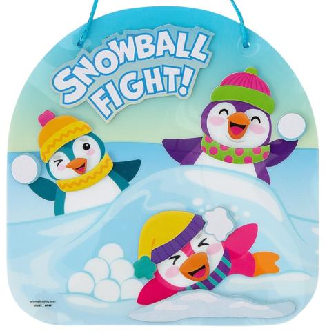 3 PENGUINS PLAYING IN THE SNOW. ALL THREE PENGUINS HAVE A HAT WITH MATCHING SCARVES. TWO PENGUINS ARE HOLDING SNOWBALLS AND THE THIRD PENGUIN IS LYING NEXT TO A PILE OF SNOWBALLS. THE SIGN STATES SNOWBALL FIGHT. 