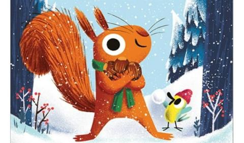Brown squirrel holding an armful of nuts with a green scarf. Yellow and blue bird wearing a red hat holding a snow covered nut. Trees in the background and snow on the ground. 