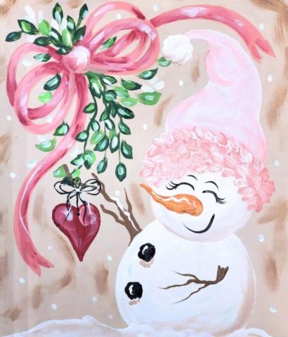 Painting of a smiling snowman wearing a pink hat. She is standing next to a pink bow with green leaves.