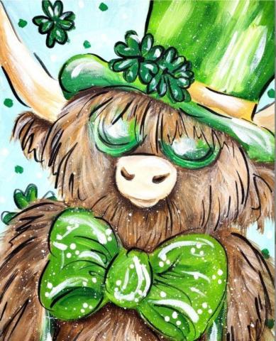 Painting os a highland cow wering a green top hat and a green bow tie. There is a shamrock in the corner. 