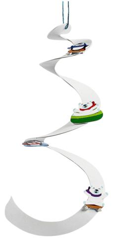 Shiny silver spiral with winter pictures of polar bears and penguins attached. 