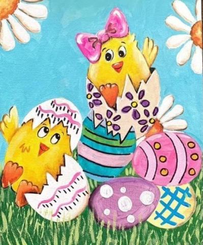 6 colorful eggs with two of them hatching yellow chicks. One chick is wearing a pink bow. Blue sky and green grass and two daisies on the border. 