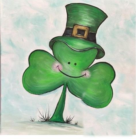 Green smiling shamrock wearing a green hat with gold buckle and black strap.