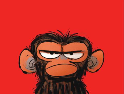 Grumpy monkey (frowning chimpanzee) with a red background. 