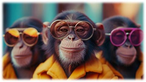 Three chimpanzees in yellow shirts. One is wearing yellow shades, one has light brown shades, and one has pink shades. 