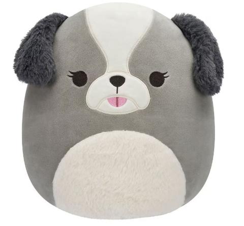 Giant Squishmallow named Malu. Light gray and white with dark gray ears.
